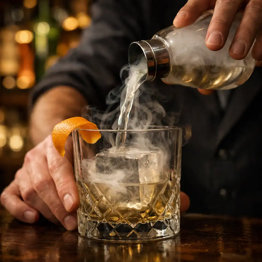 Bartender crafting a signature cocktail in a dark bar with backlit bottles