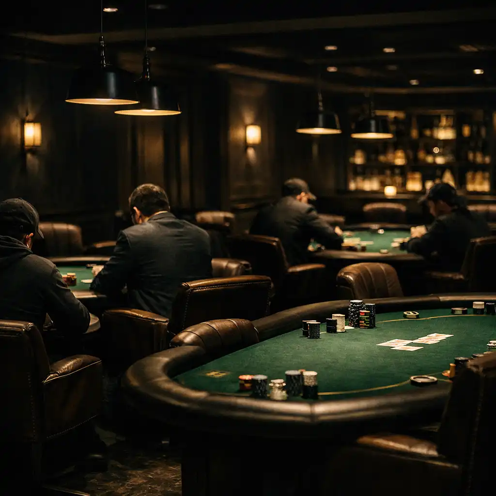 Wide view of the card lounge with several poker tables under low ambient lighting