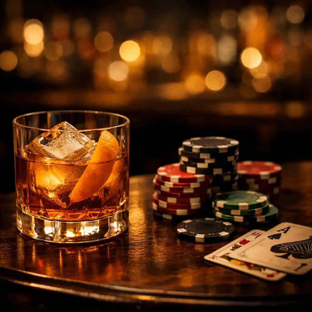 Old Fashioned cocktail beside a stack of poker chips and playing cards on a dark side table