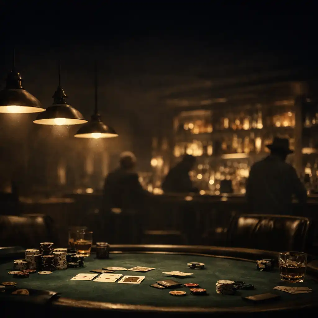 Dark moody poker lounge with a green felt table, chips, cards, and a softly lit bar in the background