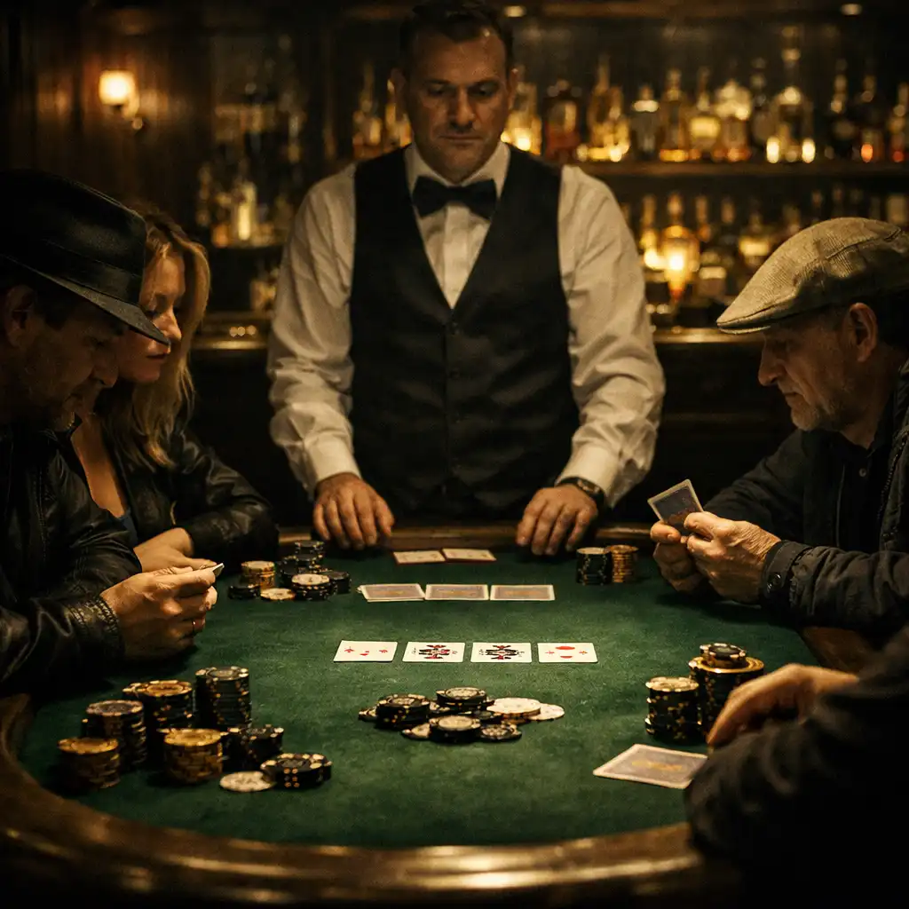 Players focused on a poker game at a lounge table while a dealer stands nearby and the bar glows softly in the background