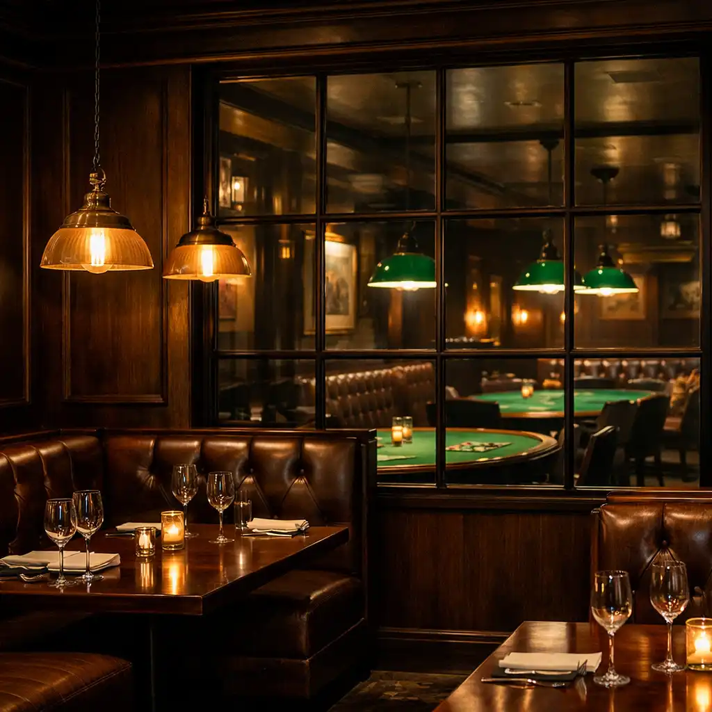 Dining room with dark wood panelling, leather booths and low pendant lights