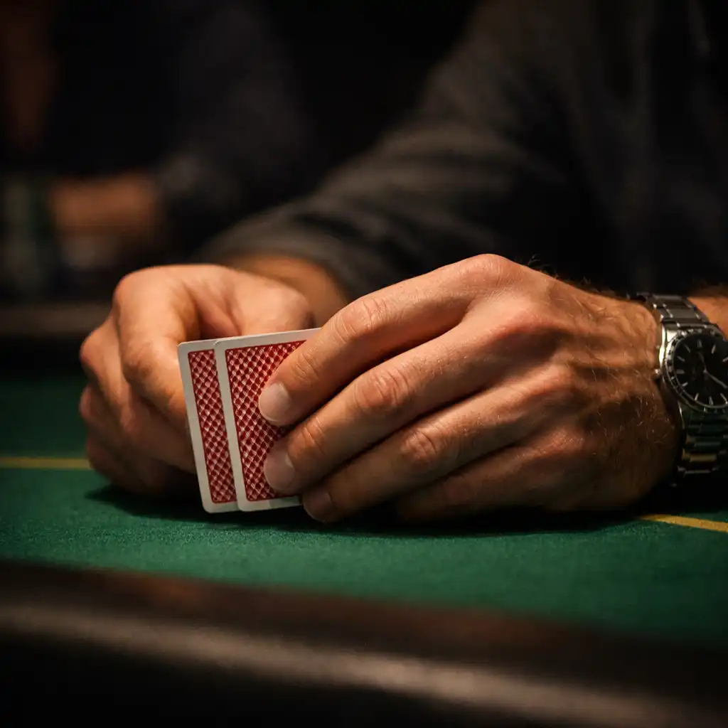 Hands holding real playing cards over green and black table felt