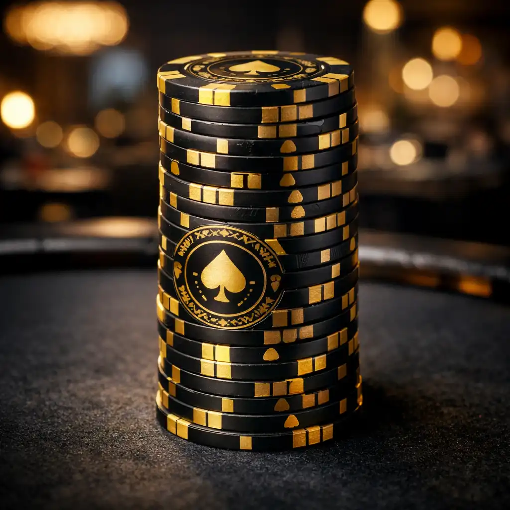 Stack of professional casino poker chips on dark table surface