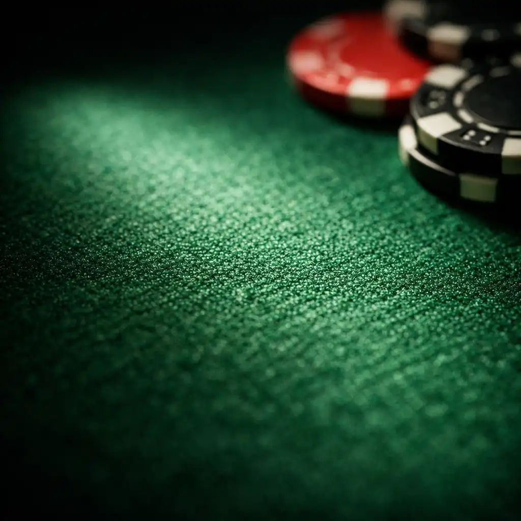 Tight macro of professional poker table felt with chips