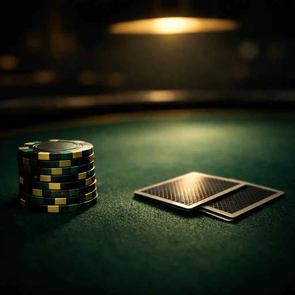 Dark atmospheric poker table with gold chips and cards under low light