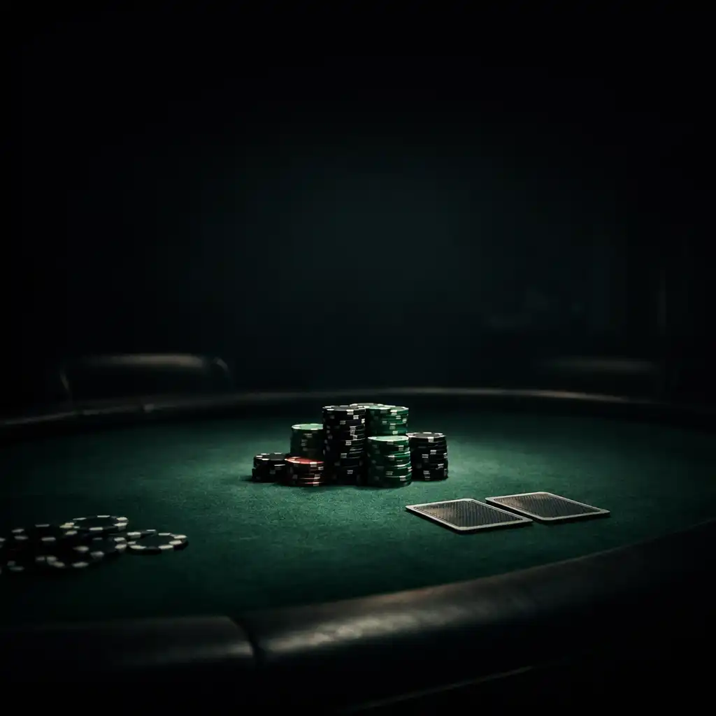 A dark poker table with chips and cards under a focused pool of light