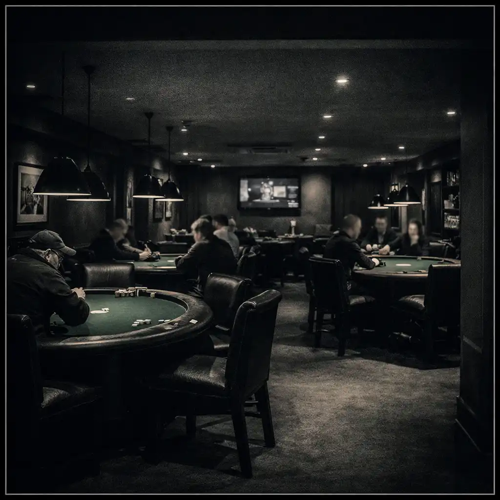 Interior of the premium poker room with multiple tables under warm directional lighting