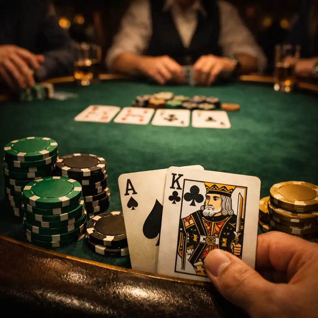 First-person view from a player's seat showing chips and cards in the foreground