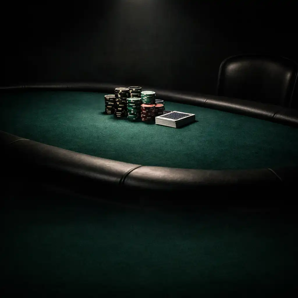 A dimly lit professional poker table with chips and cards under a focused light