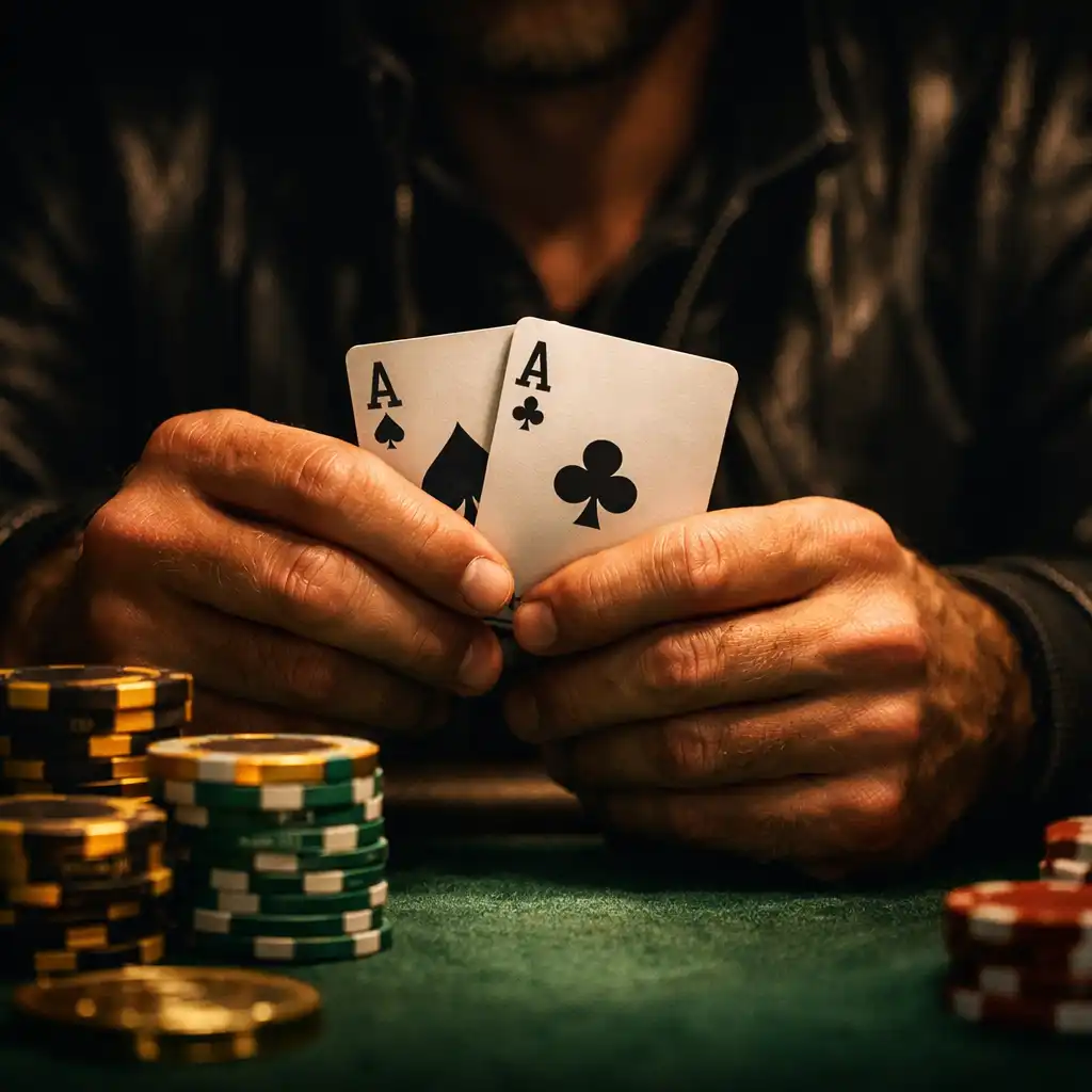Close-up of a poker player's hands holding cards at a table with chips in the foreground