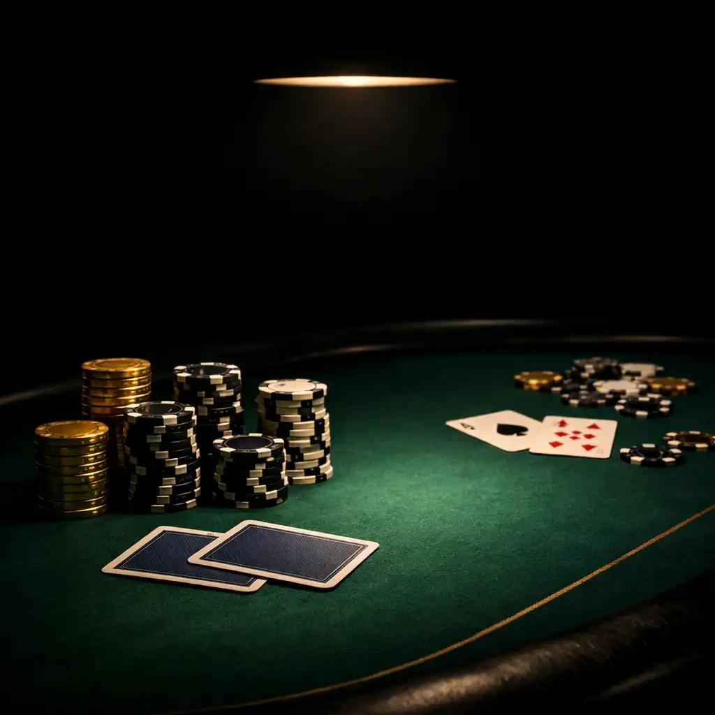 A dramatic poker table with stacks of gold, black, and white chips under a single overhead light in a dark card room