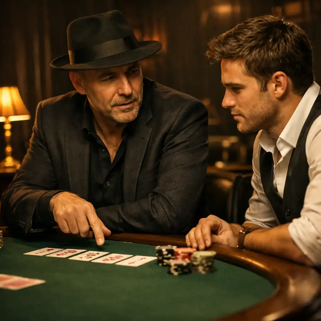 Two poker players in conversation at a table, one gesturing toward the cards in a dimly lit card lounge