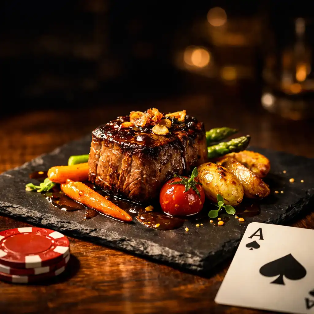 Gourmet dish on a dark slate plate beside a poker chip and playing card