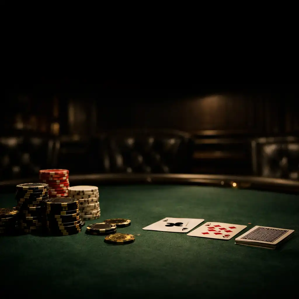 Dark poker table with chips and cards under a low spotlight
