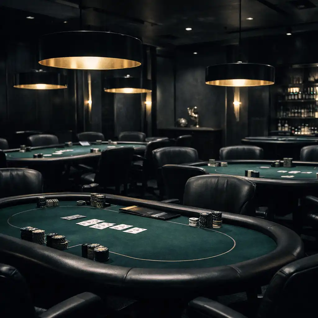 Dimly lit poker room with multiple professional tables and warm accent lights