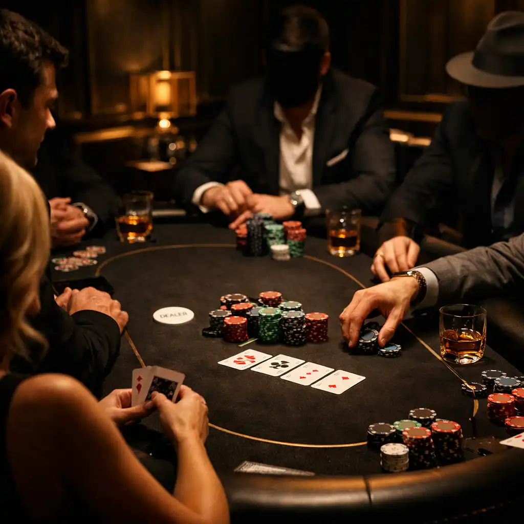 Players seated around a private poker table with chips and cards in play under dramatic lighting