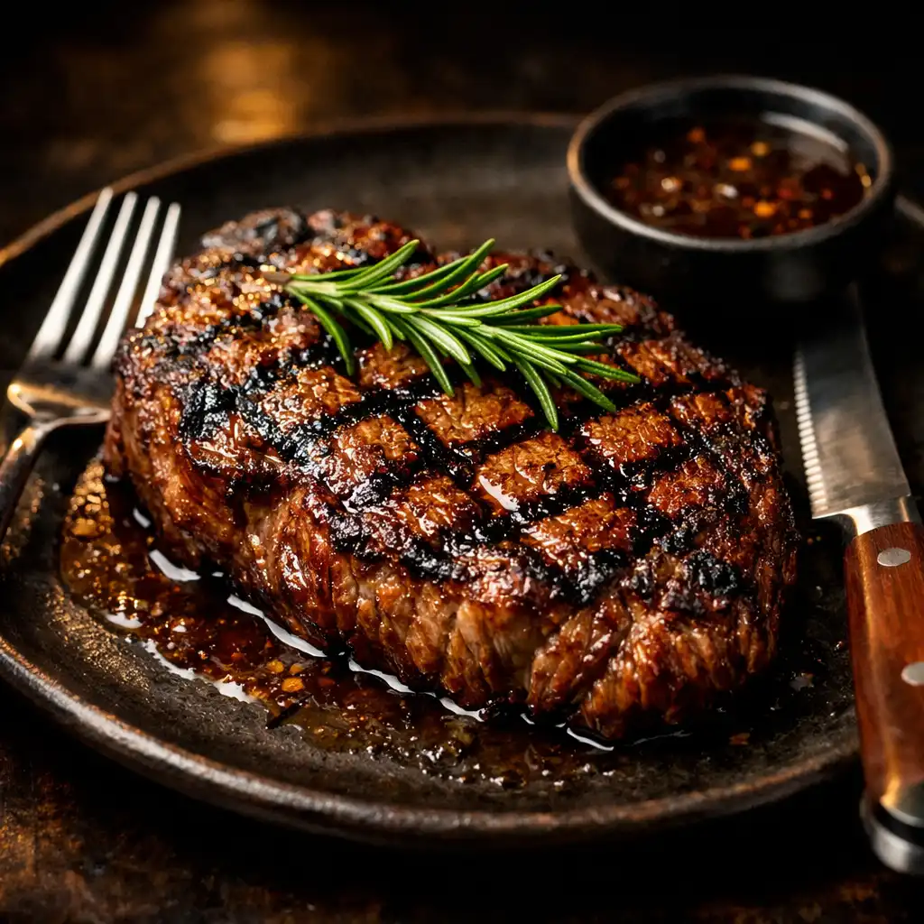 Perfectly grilled dry-aged steak on a dark plate with knife and fork
