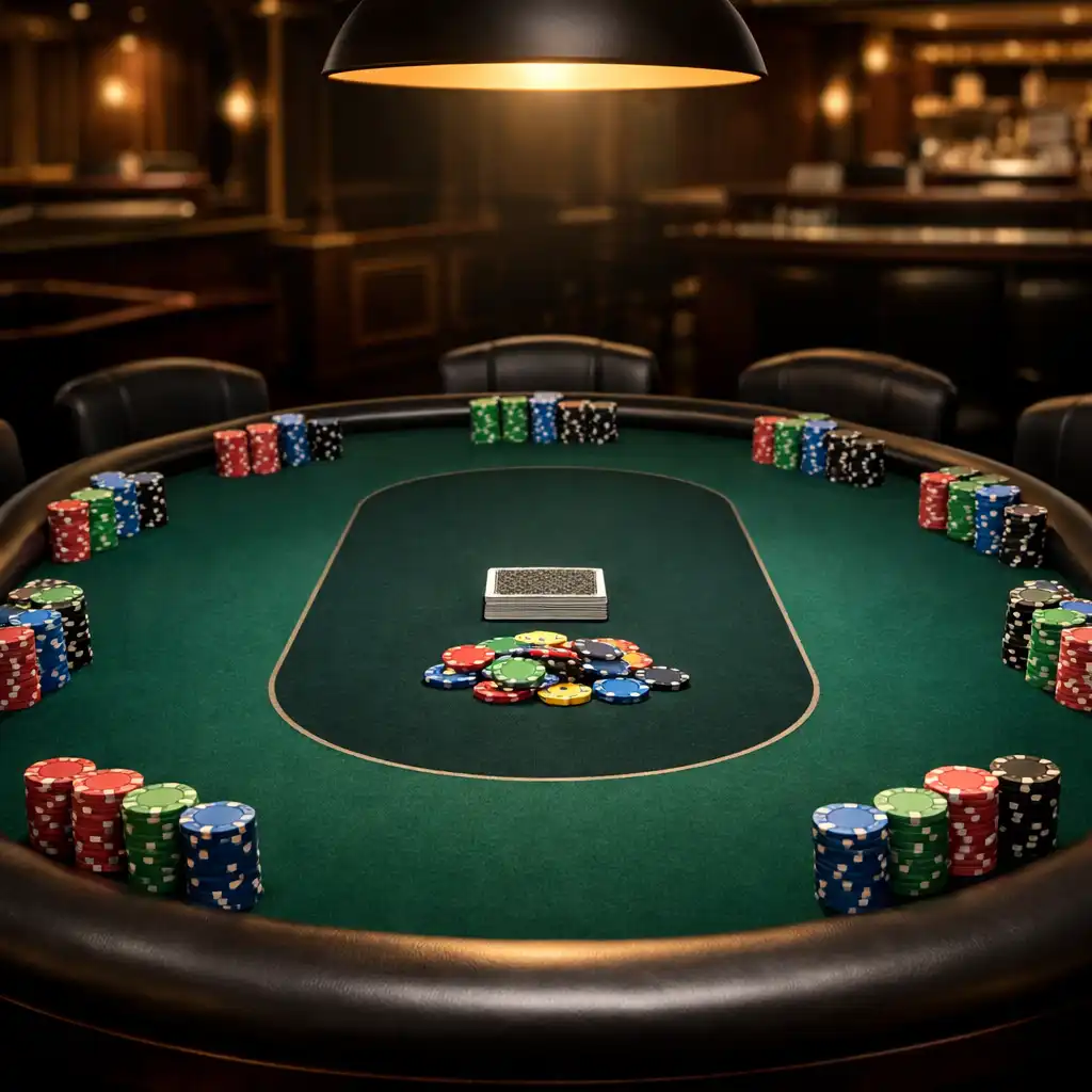 Professional 10-handed poker table with ceramic chips and playing cards under warm overhead light
