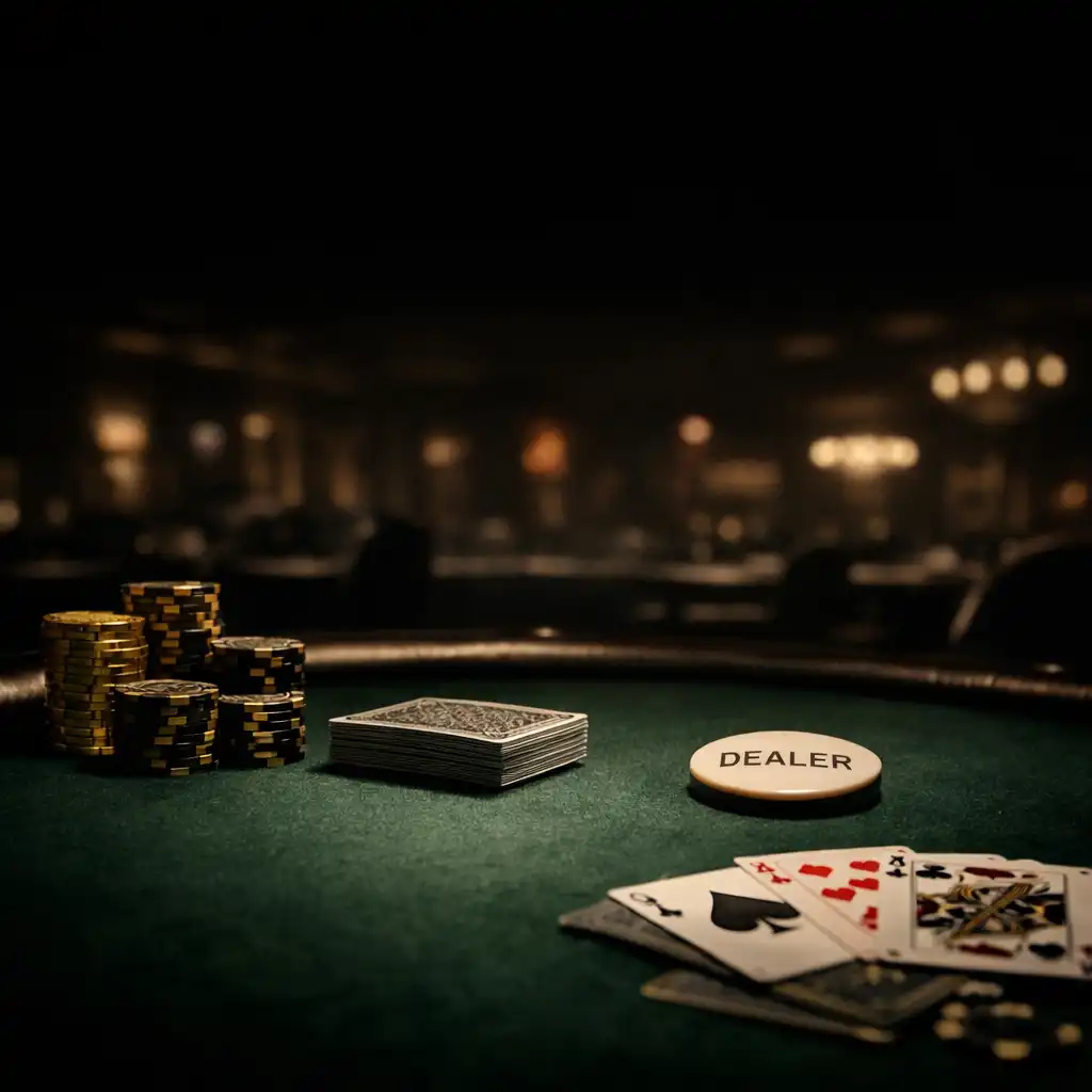 Dark poker table with gold chips and cards under low light
