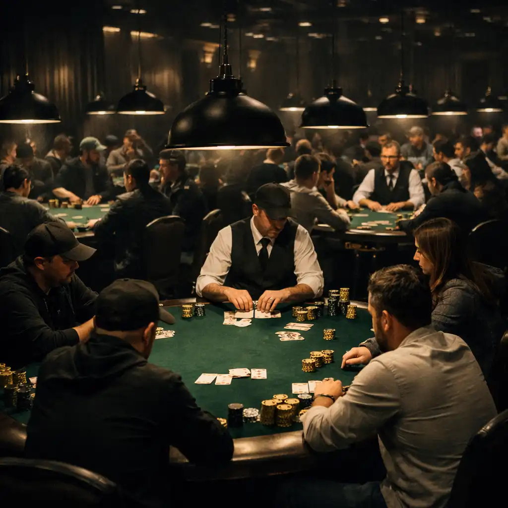 Wide view of a poker tournament in progress in a dark, luxurious card room